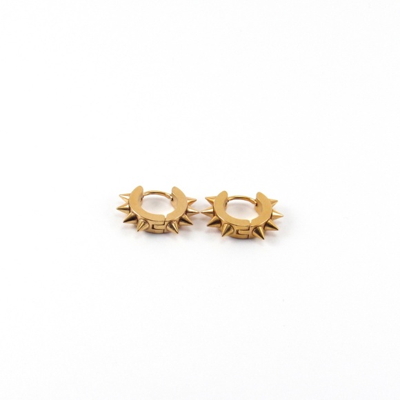 Gold Spike Huggie Hoop Earrings Small Edgy Punk - Picture 2 of 4